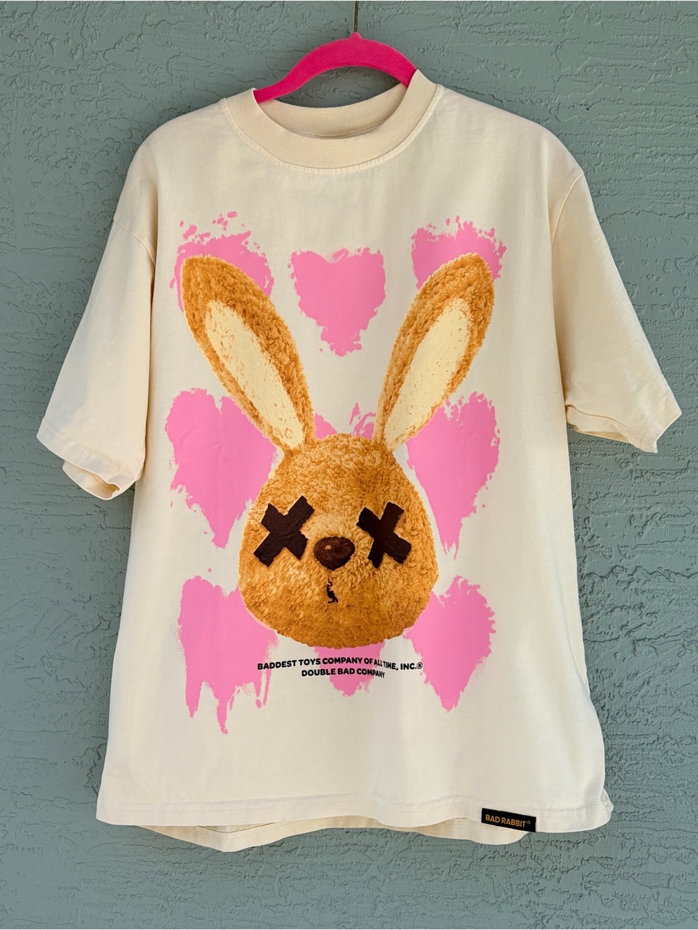 Cream Short Sleeve Tee with Pink Heart Bunny Graphic by